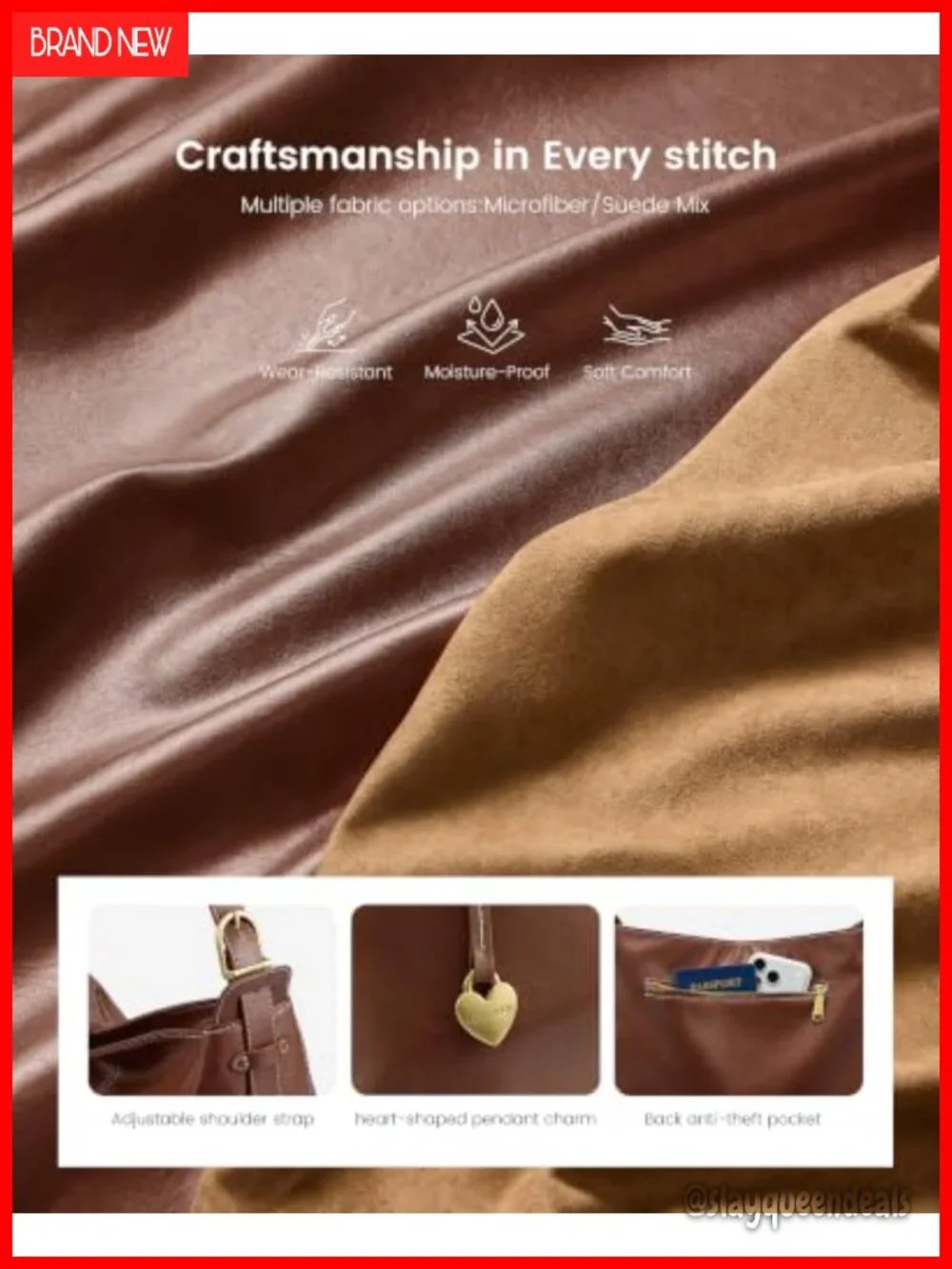 Faux Leather Hobo Tote Bag, Adjustable Strap, Heart Charm